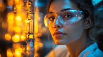 Poster - A skilled technician conducts important tasks related to energy generation while surrounded by glowing tools and equipment within a power generation site during twilight.