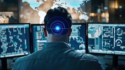 Poster - Man Analyzing Data on Multiple Computer Screens in a Modern Control Room with Digital Maps and Graphs Displayed for Strategic Insights and Monitoring