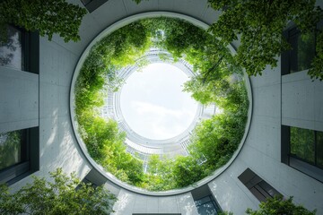 Leinwandbilder - Looking Up Through a Circular Architectural Opening Filled with Green Trees and Bright Sky Showing Modern Building Design with Sustainable Concept in Urban Environment