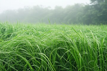 Poster - Lush Green Grass Field Covered in Dew Drops in a Foggy Morning Landscape with Mist Rolling Over The Trees Beautiful Natural Scenery and Agriculture Background
