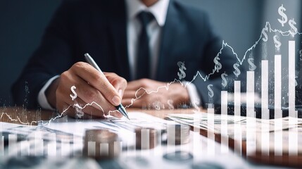 Poster - Businessman Working at Private Banking Desk with Financial Documents
