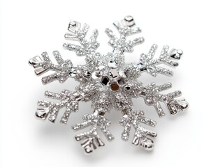 Fototapete - Silver Glittering Snowflake Ornament on a White Background for Festive Winter Holidays Celebrations and Seasonal Decorations