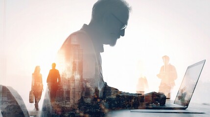 Poster - Businessman Working in Office with Laptop and City Background