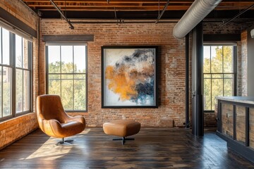 Aufkleber - Spacious Loft Interior with Exposed Brick Walls Rustic Wood Floors and Contemporary Furniture Including Leather Chair and Colorful Abstract Artwork