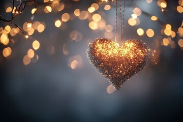 Poster - Sparkling Heart Ornament Hanging with Bokeh Lights Festive Background for Holiday Celebration and Romantic Mood Creates Valentine with Bokeh Defocused Lights