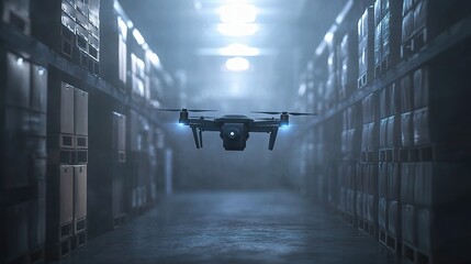 Poster - Futuristic Drone in Warehouse for Innovative Logistics Solutions