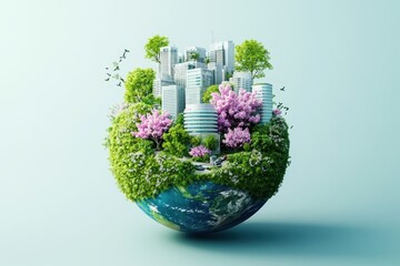 Poster - sustainable earth globe featuring lush greenery and modern cityscape against a soft pastel backgroun