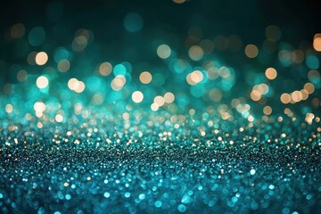 Poster - Teal and Gold Glitter Sparkle Bokeh Background with Shimmering Light Spots for Celebratory and Festive Design and Decorative Effects in an Abstract Art Style