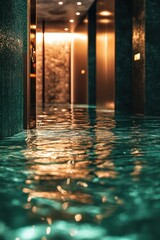 Aufkleber - Tranquil Aqua Pool Reflecting Golden Hallway in Modern Interior With Tile Walls Shiny Surface and Geometric Design Creates Luxurious Spa Atmosphere
