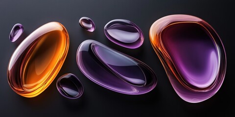 Poster - Translucent Liquid Drops on Black Background Featuring Orange Purple Gradient Shapes Abstract Modern Design Reflective Surface Macro Close Up Style Fluid Art