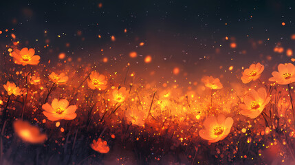 Wall Mural - field of orange sulfur cosmos flowers at dusk, field, fading light, sunset. fading universe. illustr