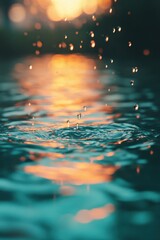 Leinwandbilder - Water Surface with Falling Drops and Golden Light Reflections Creates Abstract Patterns in a Peaceful Underwater Setting with Turquoise Hues