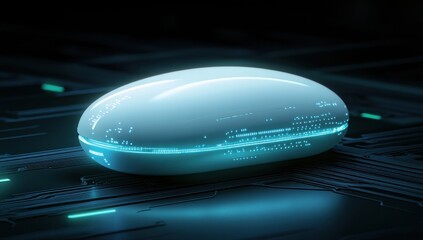 Poster - White Rounded Technology Device Over Circuit Board Background with Glowing Blue Light Futuristic Innovation High Tech Design