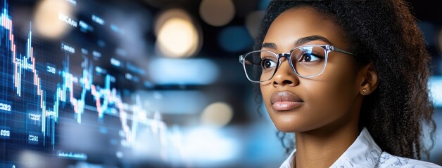 Poster - Black woman in glasses intently studies stock market trends and financial data on her computer screen in a modern office setting