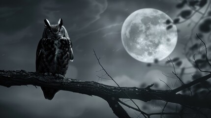 illustration monochrome owl bird on dark moon on branch tree forest dark background. generate ai
