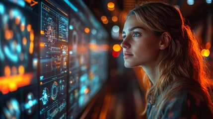 Aufkleber - A person studies an advanced interface displaying data related to logistics, transportation automation, and smart systems. The environment reflects a focus on future mobility solutions.