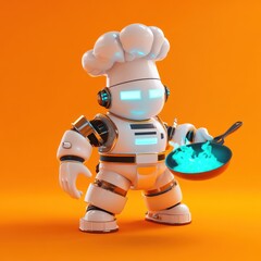 a futuristic robot chef cooking with fire in a frying pan
