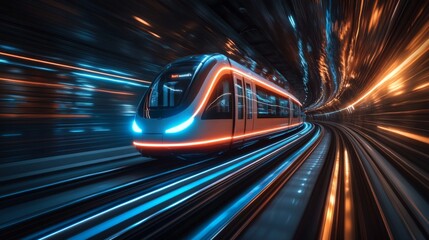 Leinwandbilder - A high speed smarttrain operates on a modern underground track, utilizing cutting edge automation technology. Dynamic lights enhance the speed and movement through the tunnel.