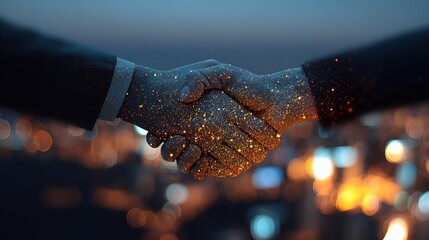 Poster - Business Handshake with Glowing Data Points in Urban Setting