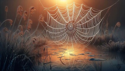 Morning Dew on a Spiderweb Over Water Dewdrops on web over pond