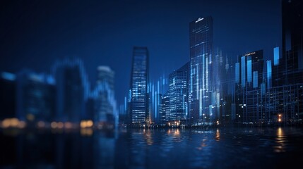 Poster - Modern City Skyline with Blue Forex Graph Overlay at Night