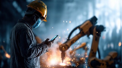 Poster - Businessman Using Smartphone to Control Automated Industrial Equipment