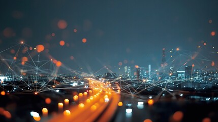 Poster - Creative Digital Night City Background with Connecting Lights