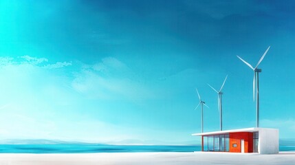Wall Mural - a small red building with three windmills on top of it is situated on a beach next to the ocean