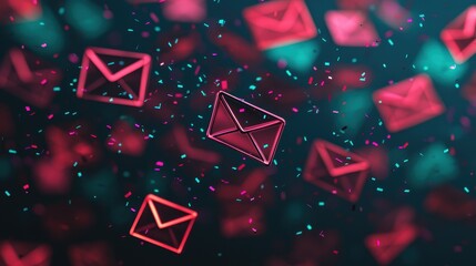 Poster - Colorful digital envelopes floating in a vibrant space with confetti, representing communication and messaging concepts
