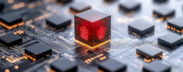 Poster - Illuminated electronic cube representing a complex digital processing system