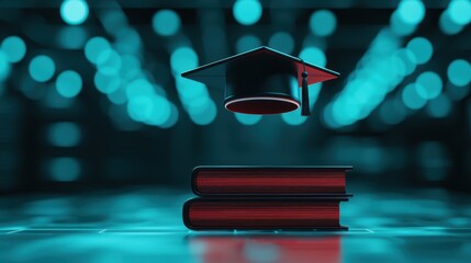 Poster - Graduation cap hovering above stack of books with blue bokeh lights in background for educational themes
