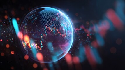 Poster - Glowing Holographic Globe with Financial Chart Elements in Background