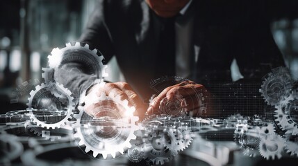Poster - Businessman Working with Gears and Cogs in Modern Office Environment