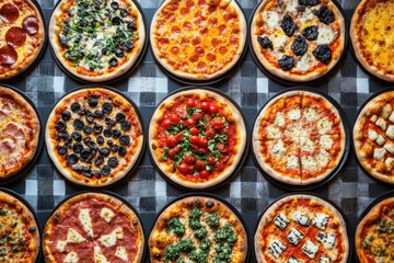 Poster - Various pizzas displayed in colorful arrangement with a variety of toppings on a chessboard pattern for an inviting culinary experience