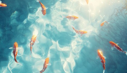 Poster - golden koi fish swimming in shimmering turquoise water a tranquil aquatic scene reflecting sunlight 
