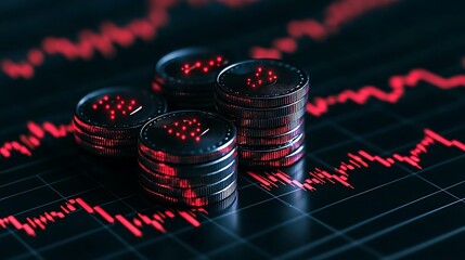 Poster - Stacks of coins with declining graphs in dark background