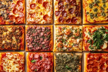Poster - Vibrant overhead view of assorted pizzas arranged in a colorful chessboard pattern showcasing diverse toppings and sauces