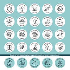 a set of icons for pet treats. the main benefits from a balanced treats. the outline icons are well 