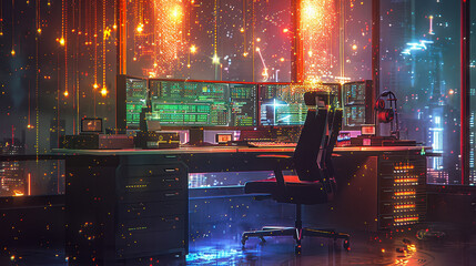 Poster - Futuristic Workspace with Glowing Screens and Sparkling Particles in a Night City, Digital Art Illustration of a High-Tech Office, Sci-Fi Concept with Floating Data and Holographic Technology