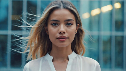 Poster - A woman wearing a white shirt looks directly at the camera