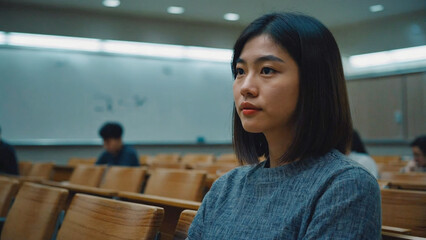 Poster - A woman sits in a classroom, surrounded by books and notes