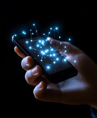 Poster - A hand holding a smartphone with interconnected glowing lights