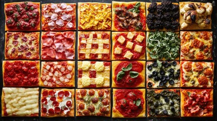 Poster - Colorful arrangement of diverse pizzas showcasing various toppings and sauces in a unique chessboard pattern for a vibrant culinary experience