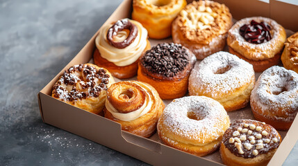 Wall Mural - freshly baked sweet treats arranged in a box on a light grey table, topped with a generous dusting o