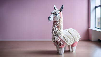 Poster - A sculpture of a llama made from paper is displayed in a minimalistic room with a pink wall, highlighting artistic design and creativity