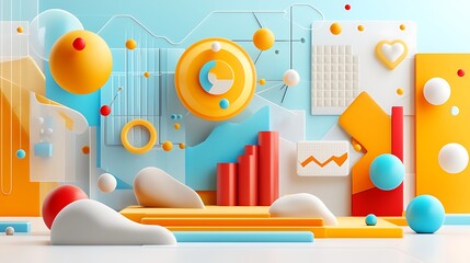 Poster - Abstract three dimensional composition with colorful shapes and elements