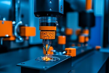 Poster - Automated machinery precisely focuses to weld a metal component accurately