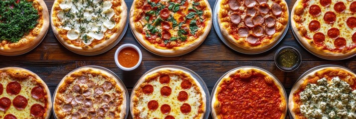 Poster - Colorful arrangement of pizzas with various toppings creating a vibrant chessboard pattern on a wooden table