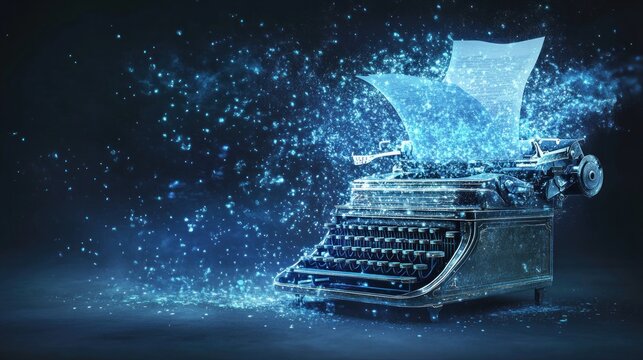 Glowing typewriter emitting digital particles, creating text
