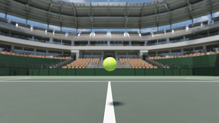Poster - A tennis ball sits in the center of a tennis court, ready for play